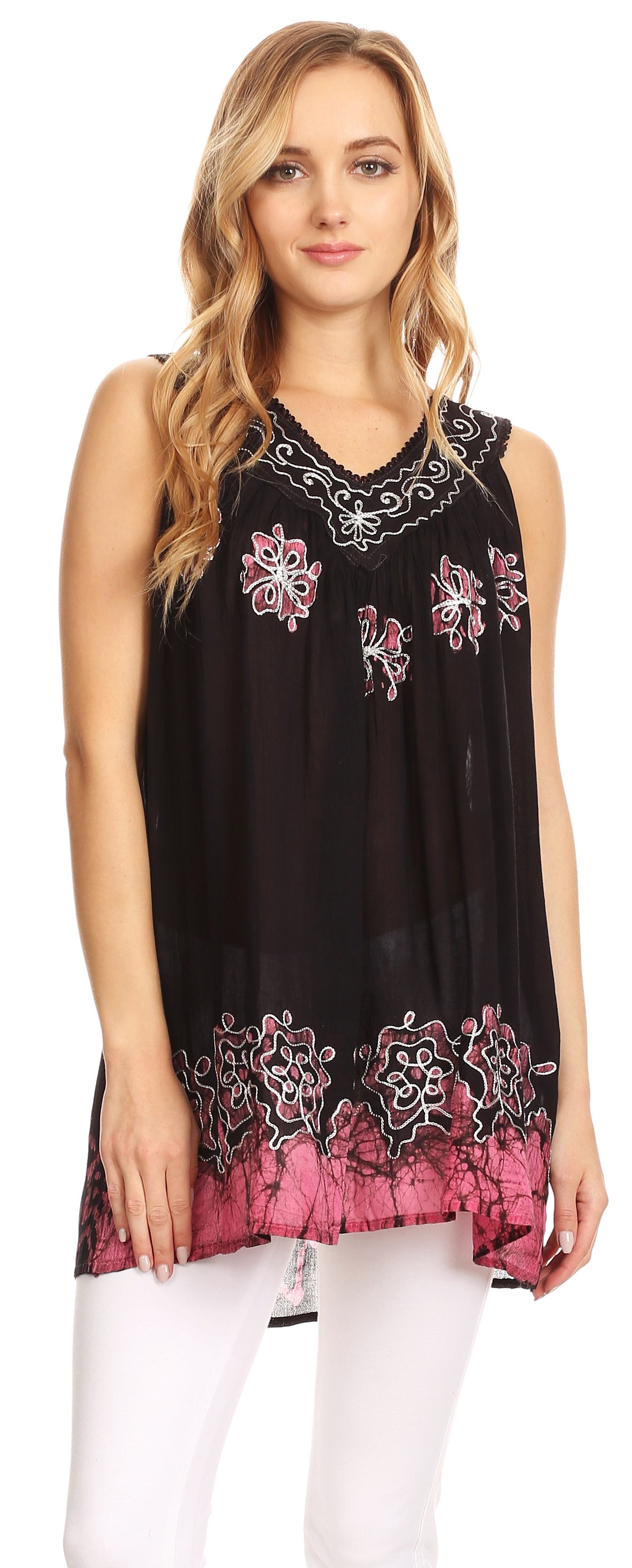 Sakkas Batik Embroidered V-Neck Sleeveless Blouse