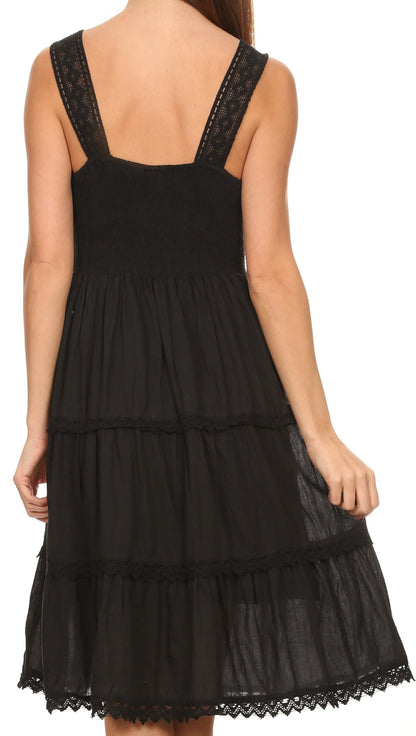 Sakkas Womens Presta Roman Sleeveless Lined Tank Top Dress With Embroidery Lace Design