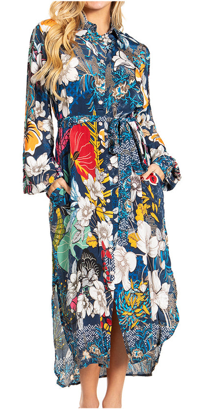 Sakkas Rina Women's Floral Print Maxi Dress with Long Sleeves and Flounce Shirt Design