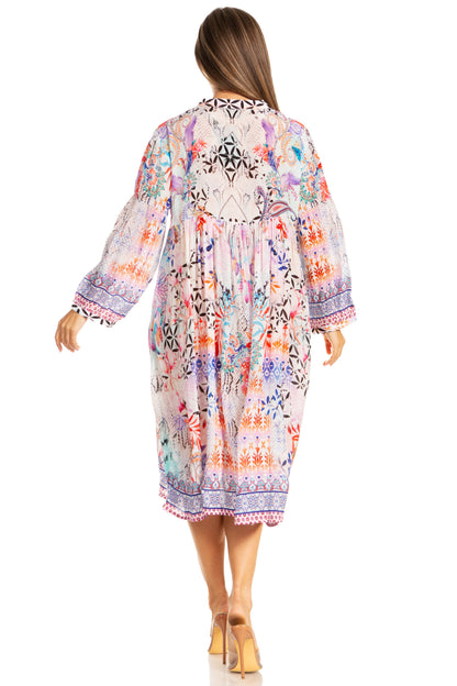 Sakkas Womens 3/4 Puff Sleeves Split Neck Summer Short Flowy Swing Dress/Cover-up