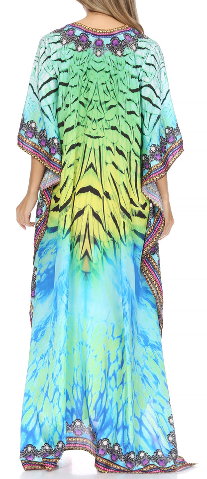 Sakkas Georgettina Flowy Rhinestone V Neck Long Caftan Dress/Cover Up