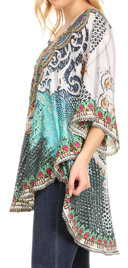 Sakkas Tallulah Wide Circle Blouse V Neck Top With Tassle Ties And Rhinestones