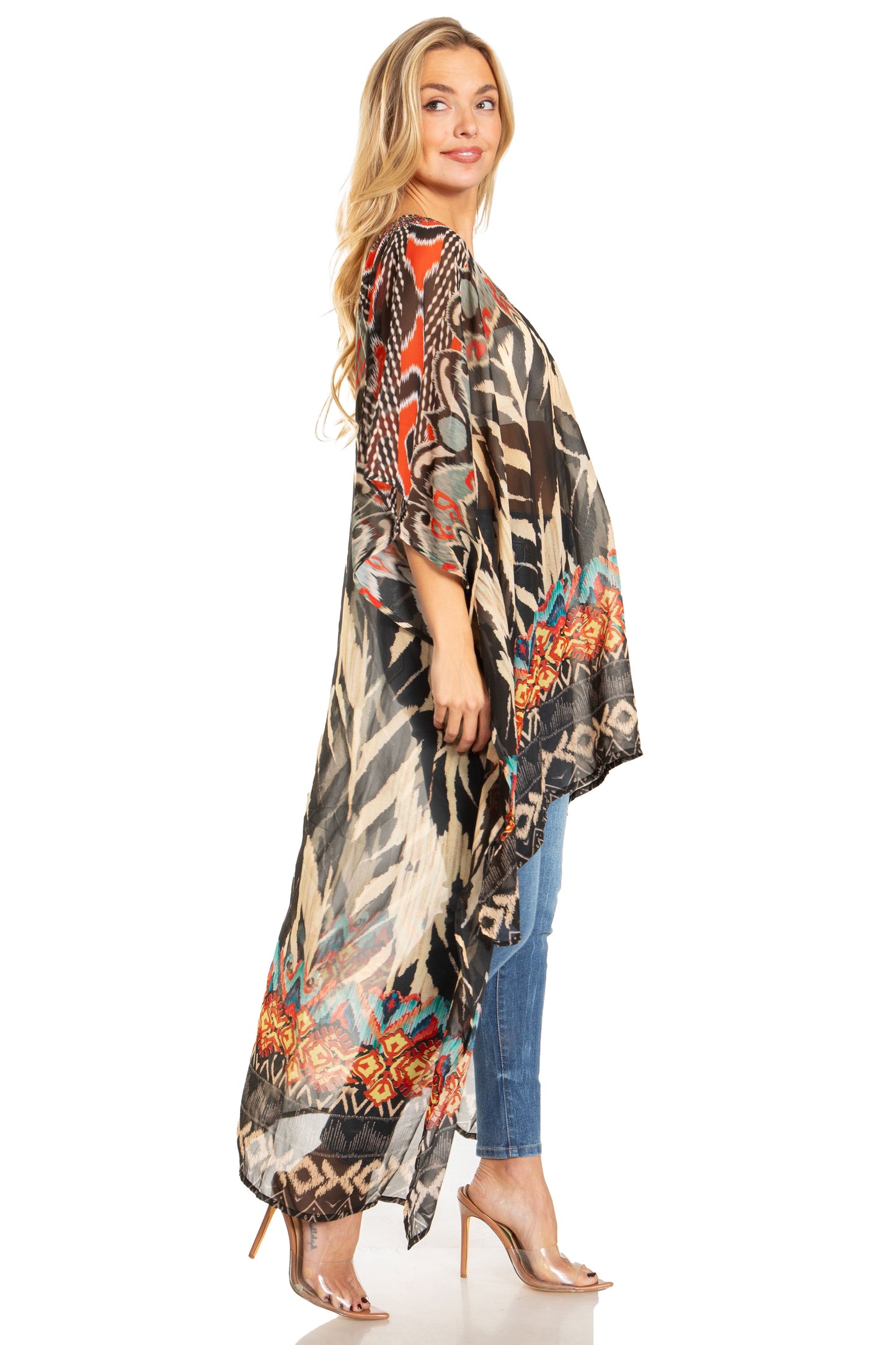 Sakkas Zeke Hi Low V-Neck Caftan Dress Printed Top Cover / Up