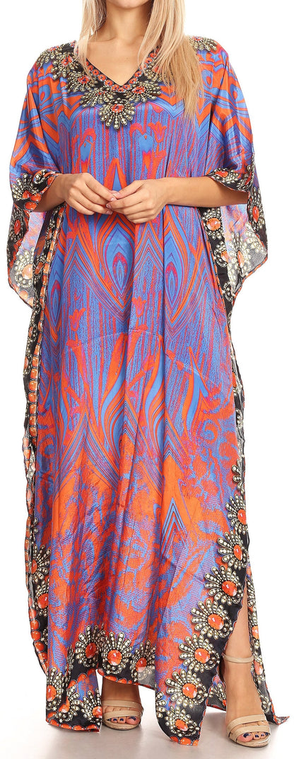 Sakkas Anahi Flowy Design V Neck Long Caftan Dress / Cover Up With Rhinestone