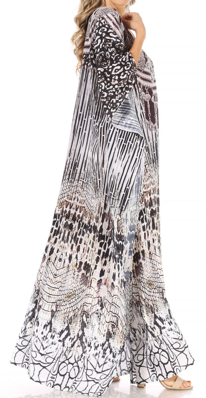 Sakkas Anahi Flowy Design V Neck Long Caftan Dress / Cover Up With Rhinestone