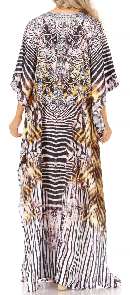 Sakkas Anahi Flowy Design V Neck Long Caftan Dress / Cover Up With Rhinestone