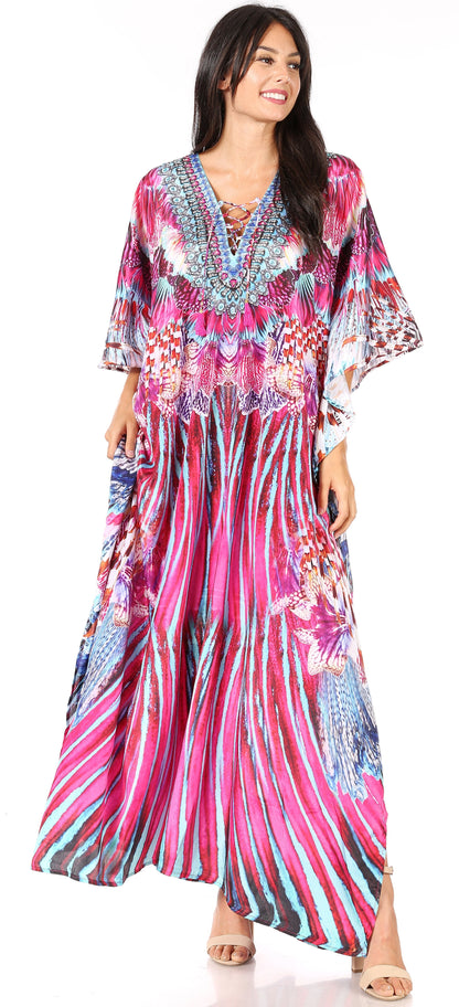 Sakkas Georgettina Flowy Rhinestone V Neck Long Caftan Dress/Cover Up