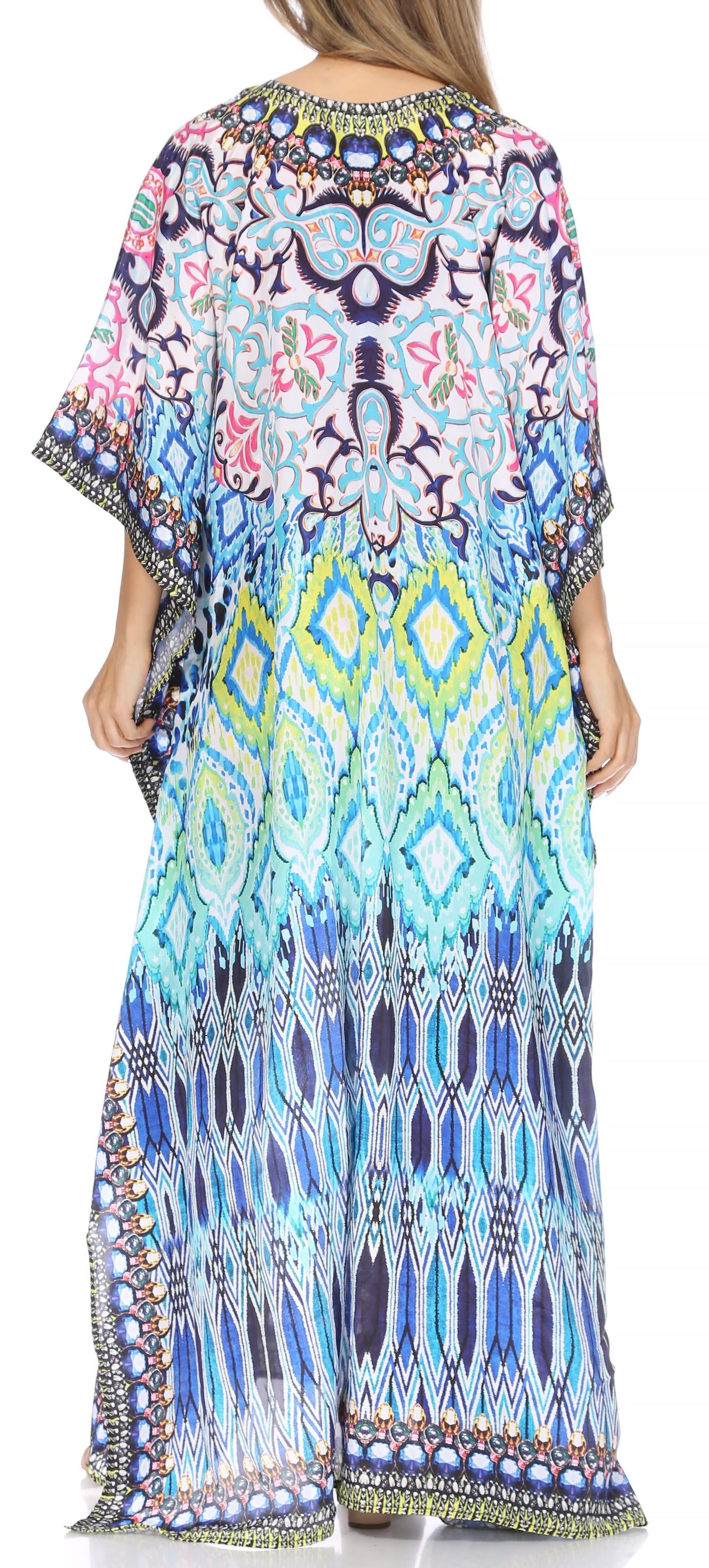 Sakkas Georgettina Flowy Rhinestone V Neck Long Caftan Dress/Cover Up