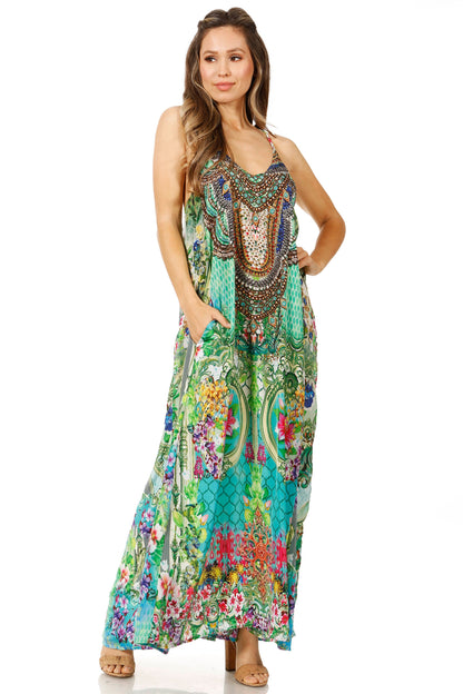 Sakkas Sofia Women's Spaghetti Strap V-neck Floral Print Summer Casual Maxi Dress