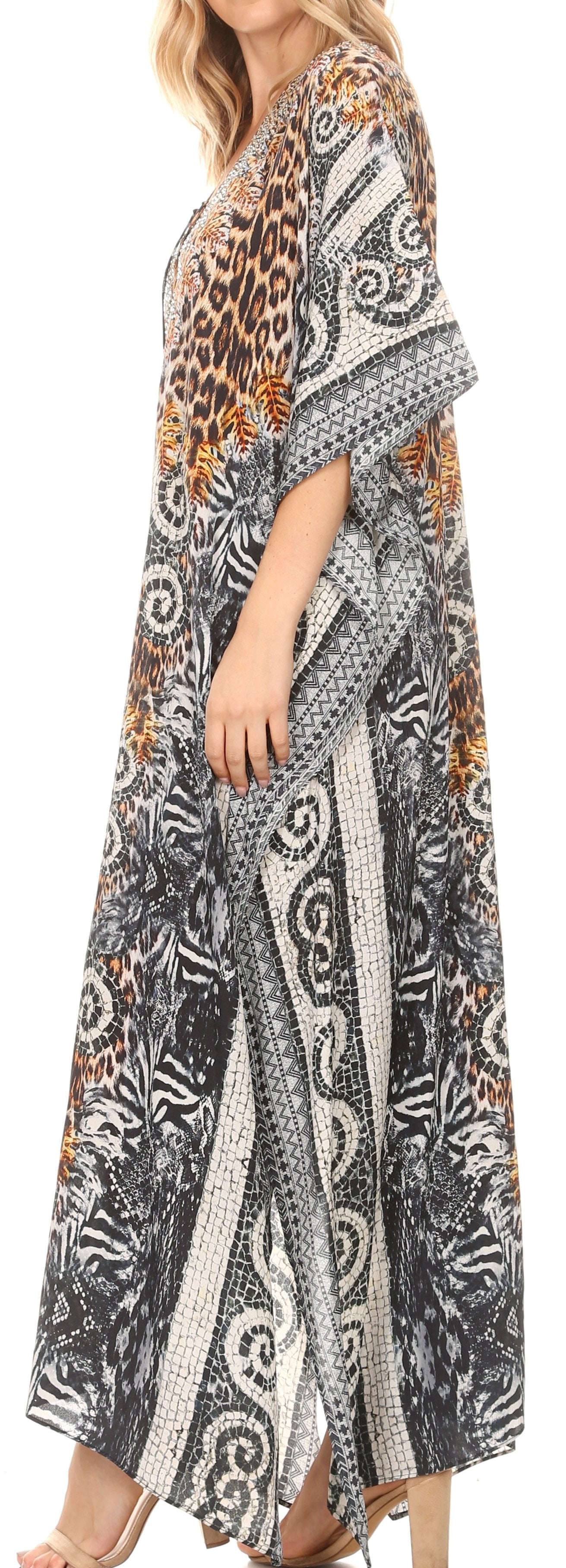 Sakkas Milanna Women's V neck Short Sleeve Vibrant Print Caftan Dress Cover-up