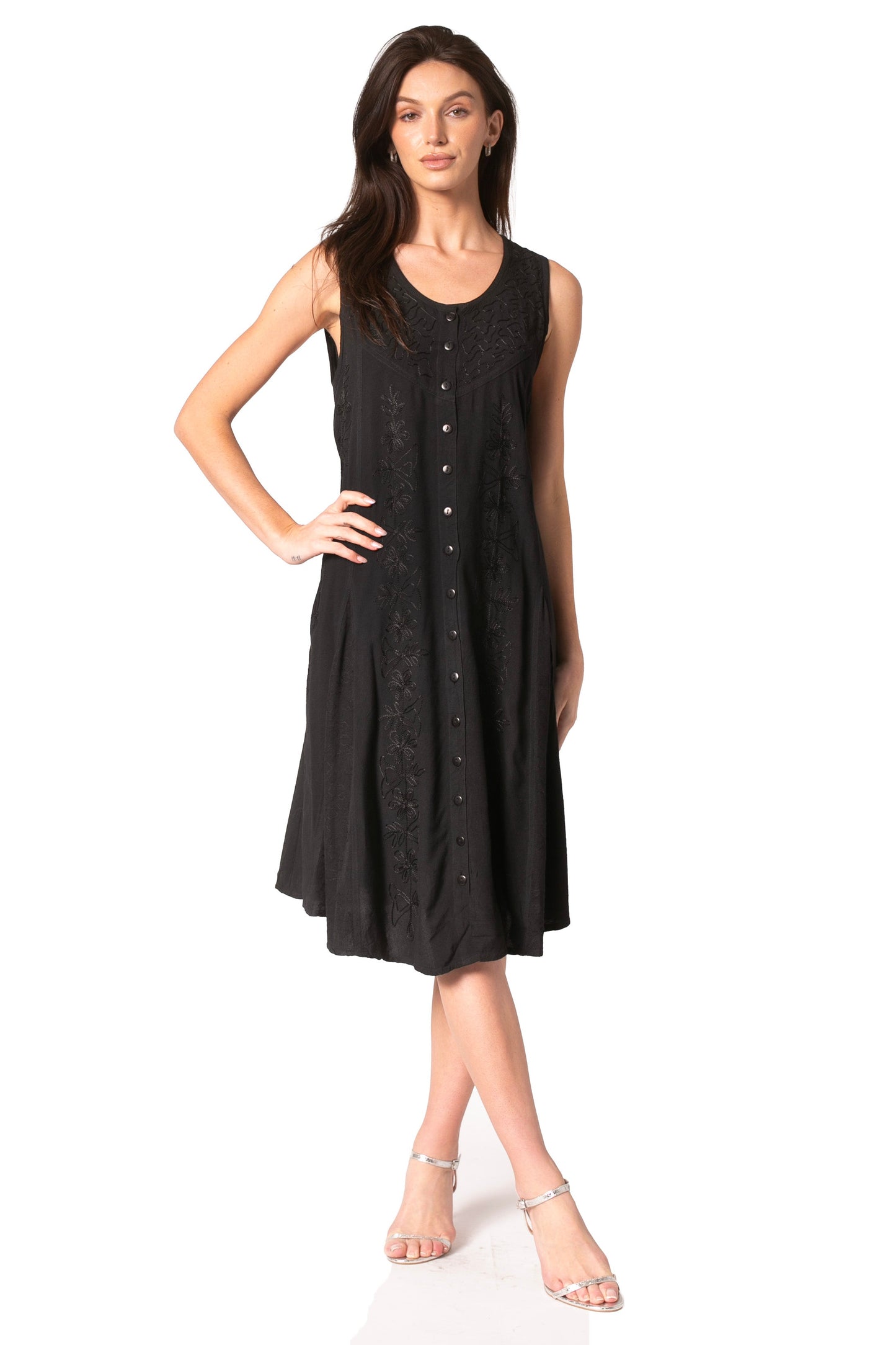 Sakkas Maya Midi Floral Embroidered Sleeveless Button Up Rayon Dress