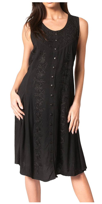 Sakkas Maya Midi Floral Embroidered Sleeveless Button Up Rayon Dress