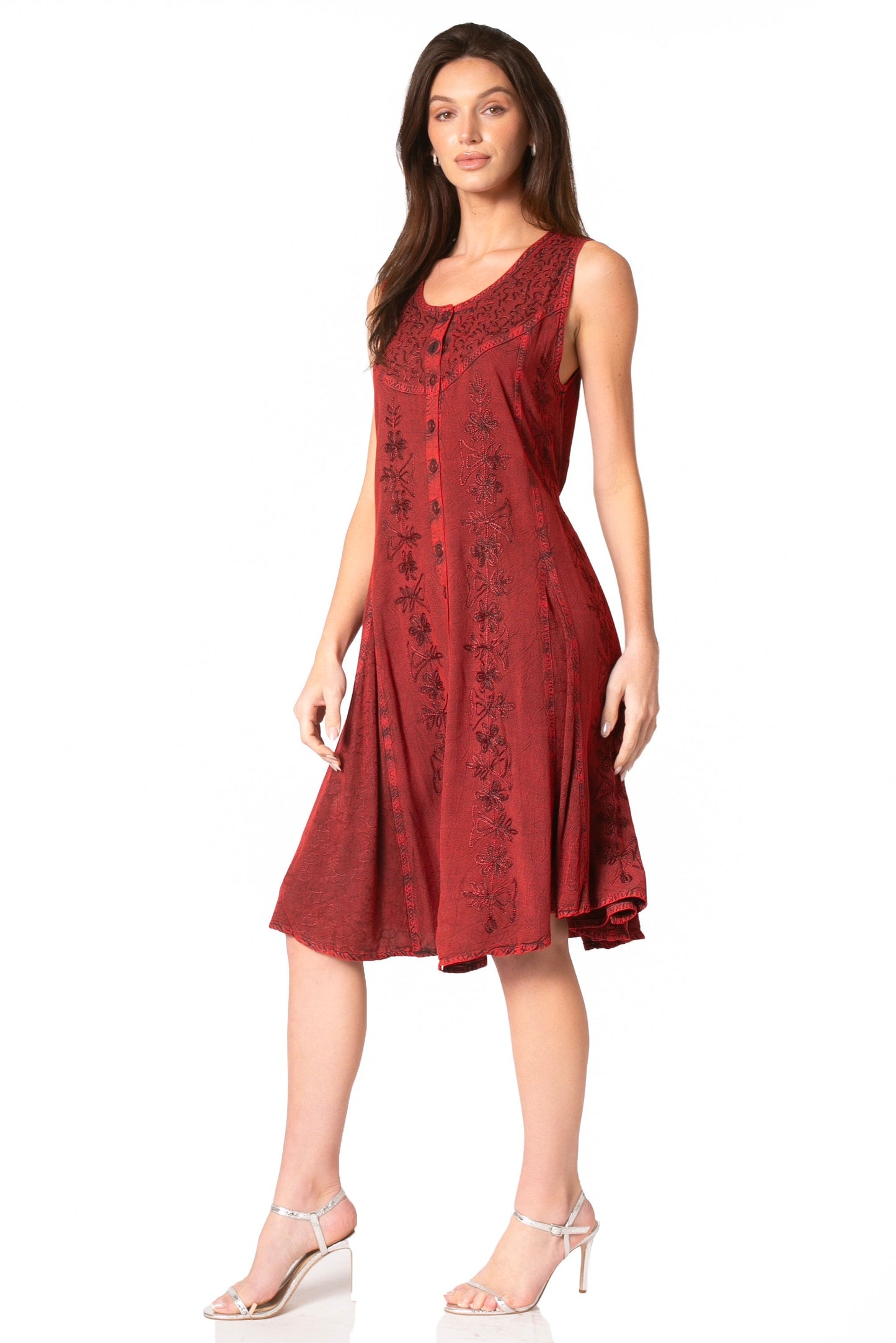 Sakkas Maya Midi Floral Embroidered Sleeveless Button Up Rayon Dress