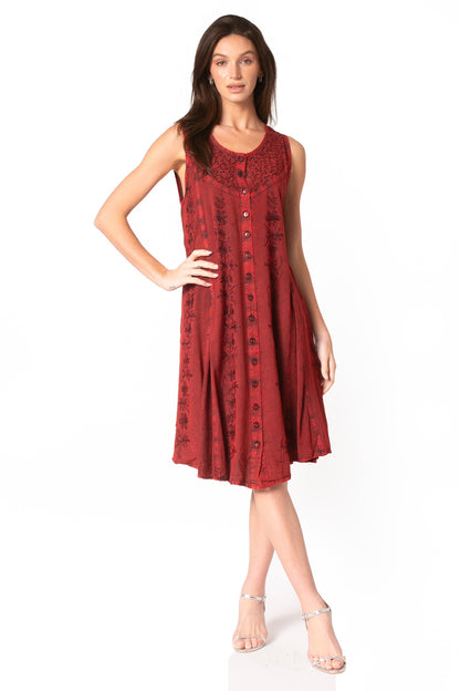 Sakkas Maya Midi Floral Embroidered Sleeveless Button Up Rayon Dress