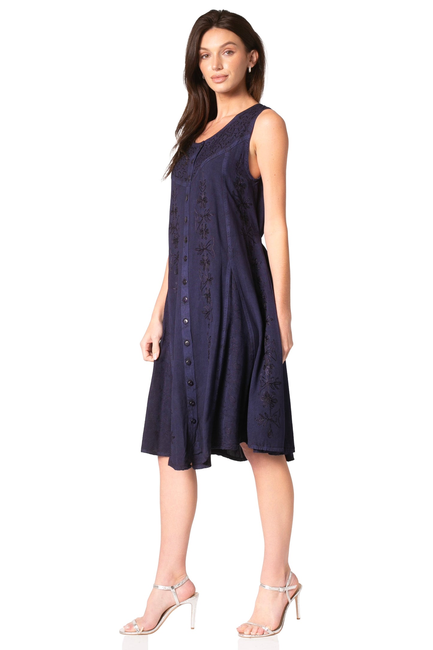 Sakkas Maya Midi Floral Embroidered Sleeveless Button Up Rayon Dress