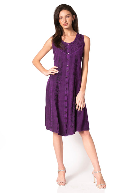 Sakkas Maya Midi Floral Embroidered Sleeveless Button Up Rayon Dress