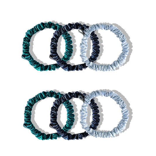 Drowsy sleep co 6 skinny bracelet scrunchies in midnight blue, blue belle and green sapphire colours on white background