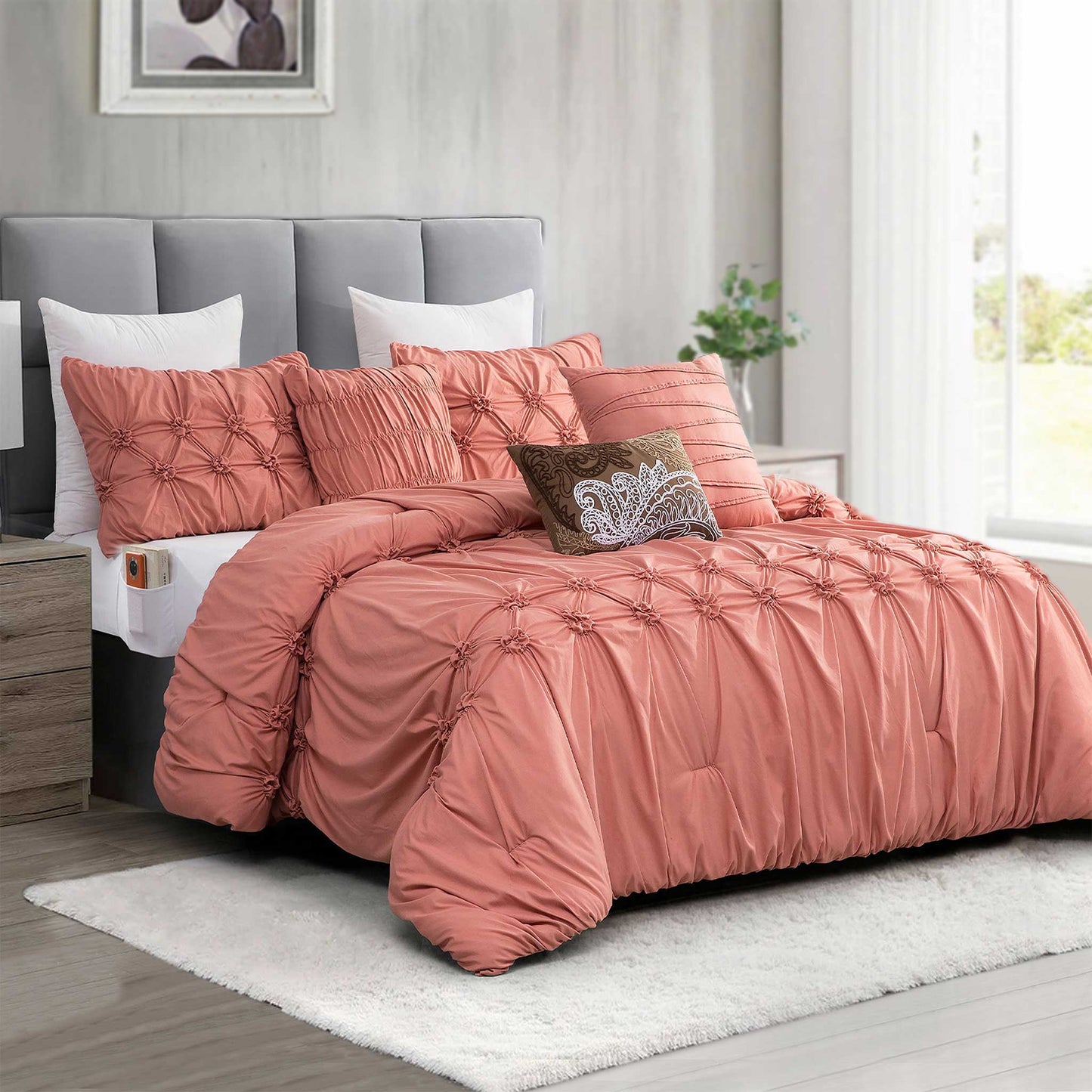 Mocassi 12-Piece Ella Pleated Ruched Pintuck Comforter Set, Includes 6-Piece Sheet Set with Double Sided Storage Pockets
