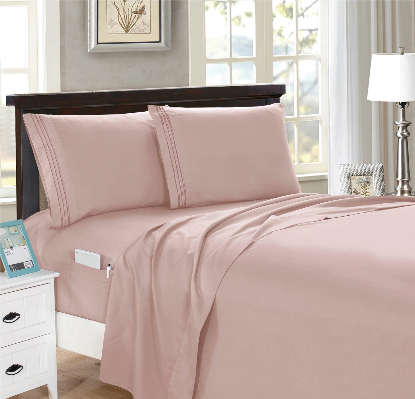 Mocassi 4-Piece Smart Pocket Sheet Set - Features Double Sided Storage Pockets on Fitted Sheet
