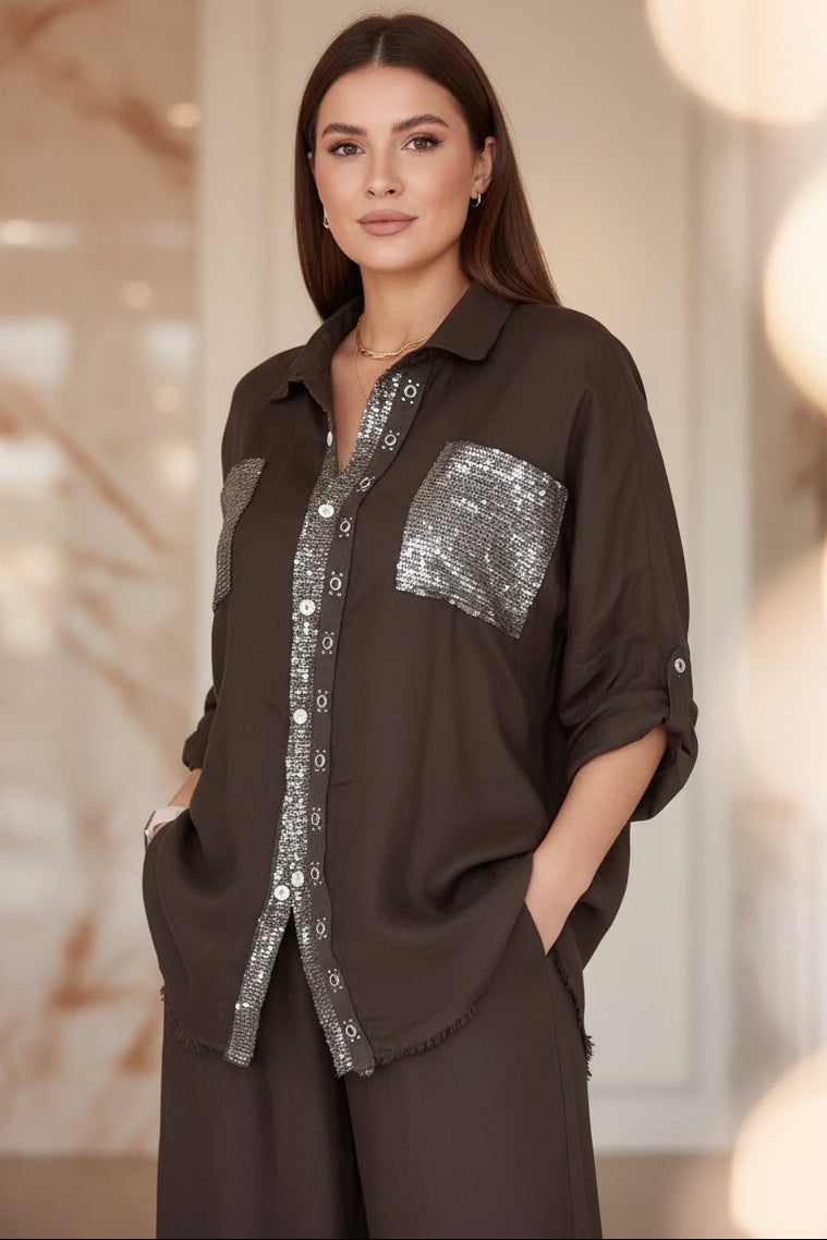 Women's Sequin Pocket & Placket Oversized Shirt & Wide-Leg Pants Set