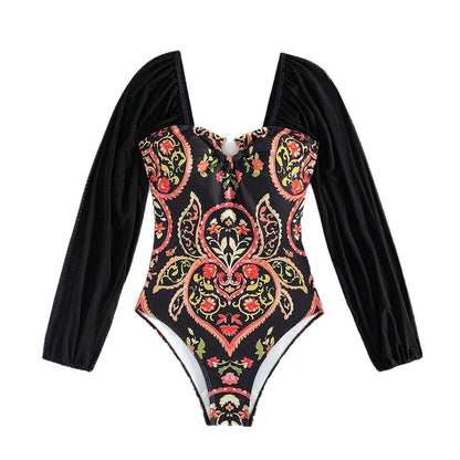 Long sleeved mesh one-piece swimsuit for women
