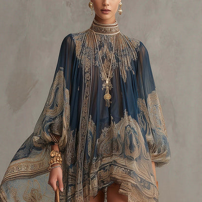 Navy Blue Printed Puff Sleeve Stand Collar Dress – Loose Boho Asymmetric Hem Dress for Women