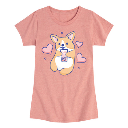 Instant Message - Kawaii - Corgis Love Boba Tea - Toddler & Youth Girls Short Sleeve T-Shirt