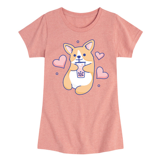 Instant Message - Kawaii - Corgis Love Boba Tea - Toddler & Youth Girls Short Sleeve T-Shirt