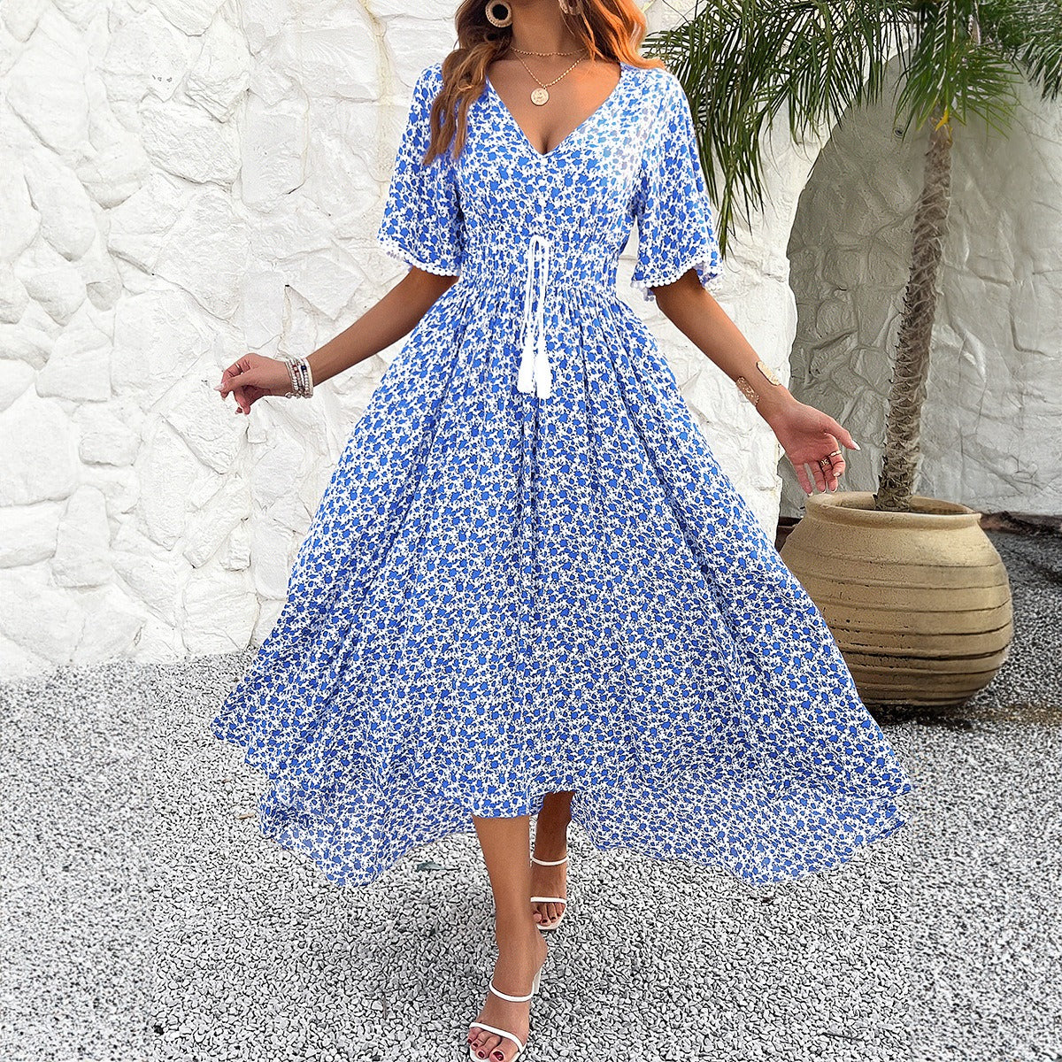 Spring/Summer Women's V-neck High Waist Elegant Printed Dress