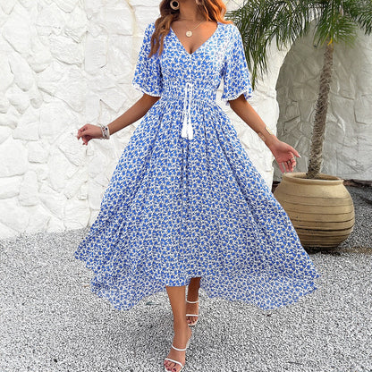 Spring/Summer Women's V-neck High Waist Elegant Printed Dress