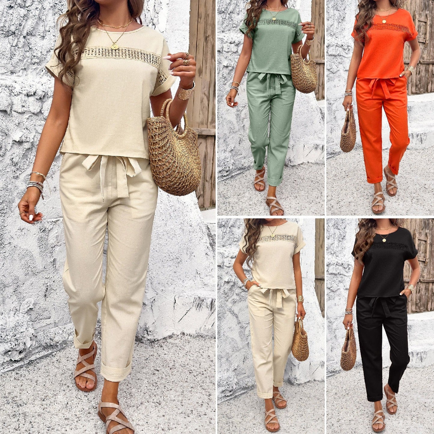 Women’s Spring and Summer Temperament Casual Short Sleeved Top and Pants Set