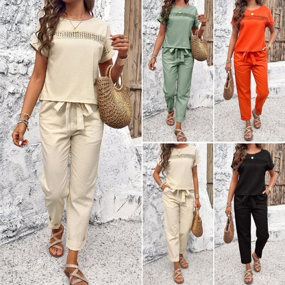 Women’s Spring and Summer Temperament Casual Short Sleeved Top and Pants Set