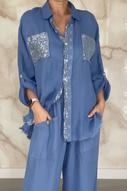 Women's Sequin Pocket & Placket Oversized Shirt & Wide-Leg Pants Set