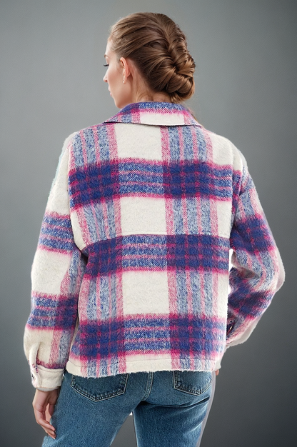 Soulful Serenity Denim Blue and Pink Brushed Plaid Shacket