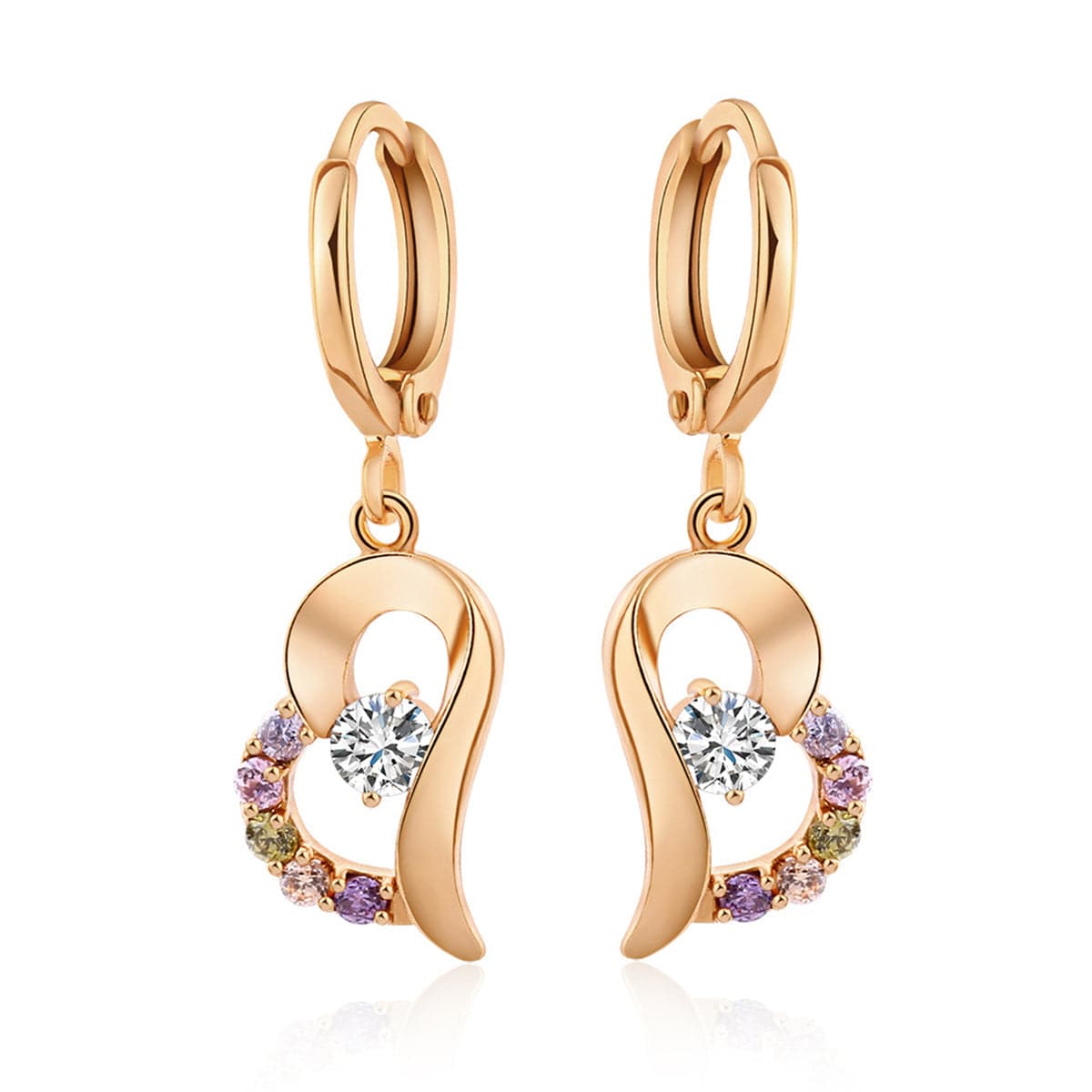Colored Cubic Zirconia & Goldtone Heart Drop Earrings
