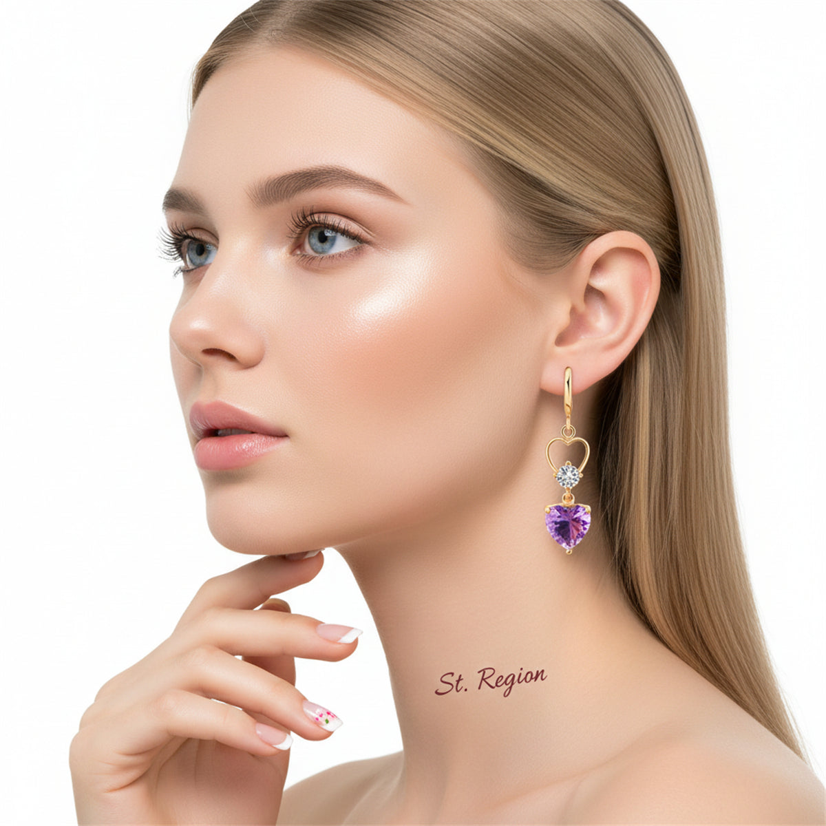Purple Crystal & Cubic Zirconia Goldtone Heart Dangle Earring