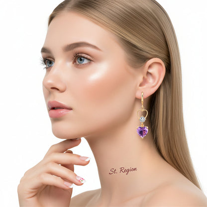 Purple Crystal & Cubic Zirconia Goldtone Heart Dangle Earring