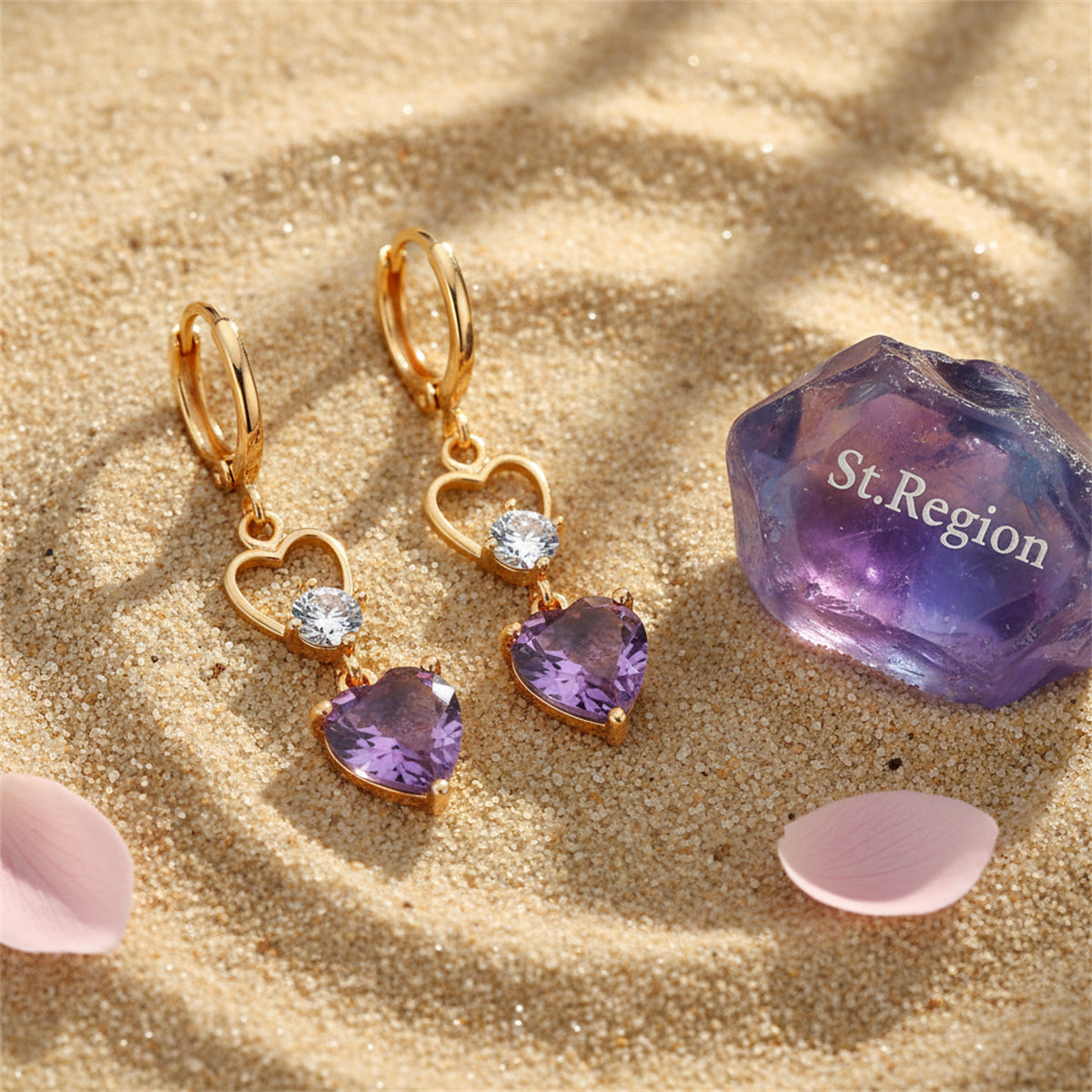 Purple Crystal & Cubic Zirconia Goldtone Heart Dangle Earring