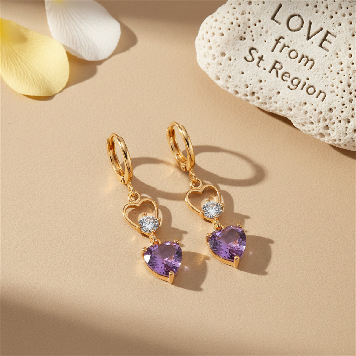 Purple Crystal & Cubic Zirconia Goldtone Heart Dangle Earring