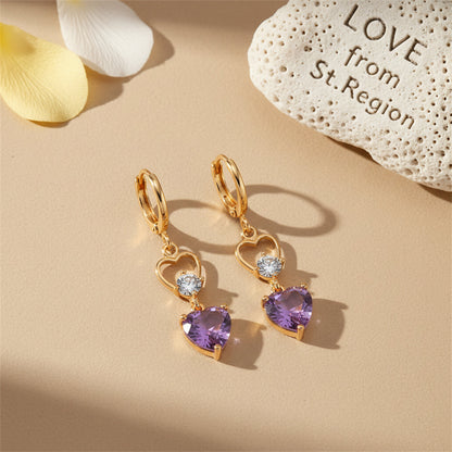 Purple Crystal & Cubic Zirconia Goldtone Heart Dangle Earring