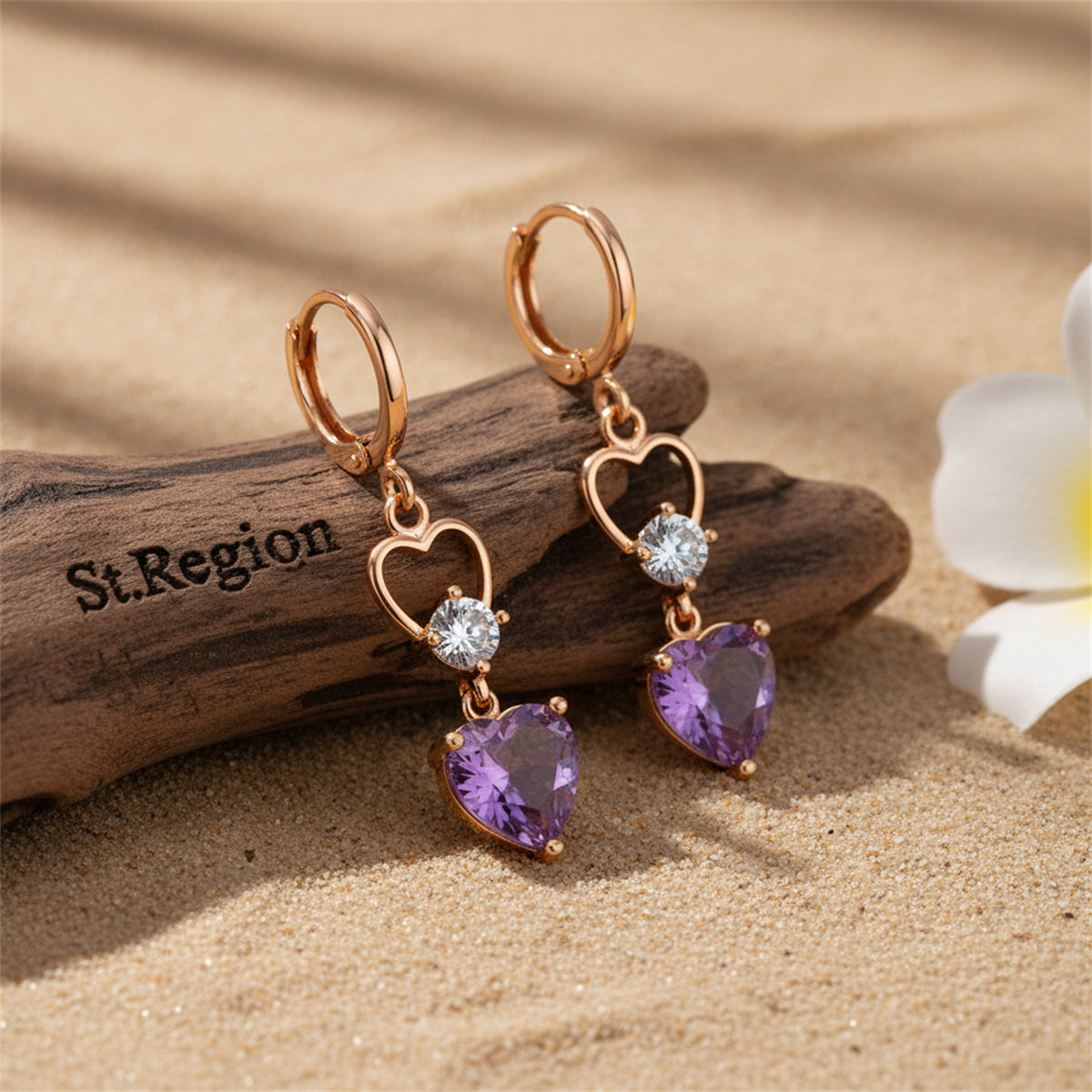Purple Crystal & Cubic Zirconia Goldtone Heart Dangle Earring