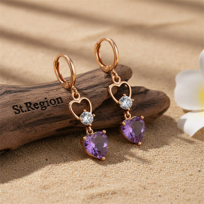 Purple Crystal & Cubic Zirconia Goldtone Heart Dangle Earring