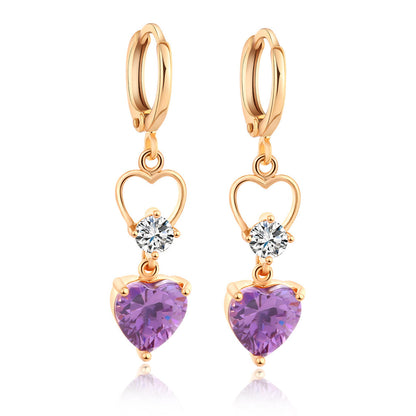 Purple Crystal & Cubic Zirconia Goldtone Heart Dangle Earring