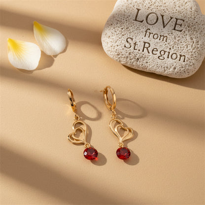 Red Cubic Zirconia & Goldtone Open Heart Drop Earrings