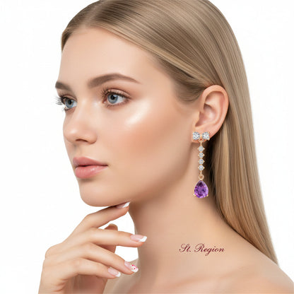 Purple Crystal & Cubic Zirconia Bow Drop Earrings