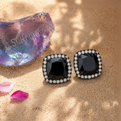 Black Princess Crystal & Blacktone Halo Stud Earrings