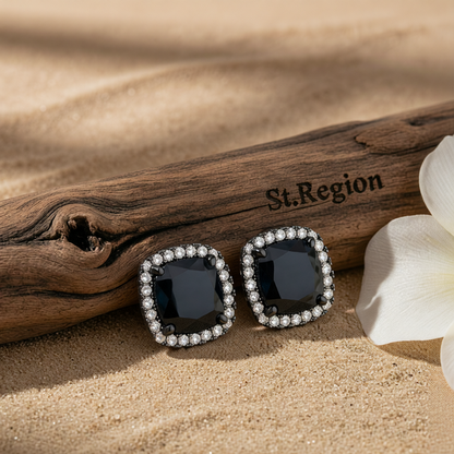 Black Princess Crystal & Blacktone Halo Stud Earrings