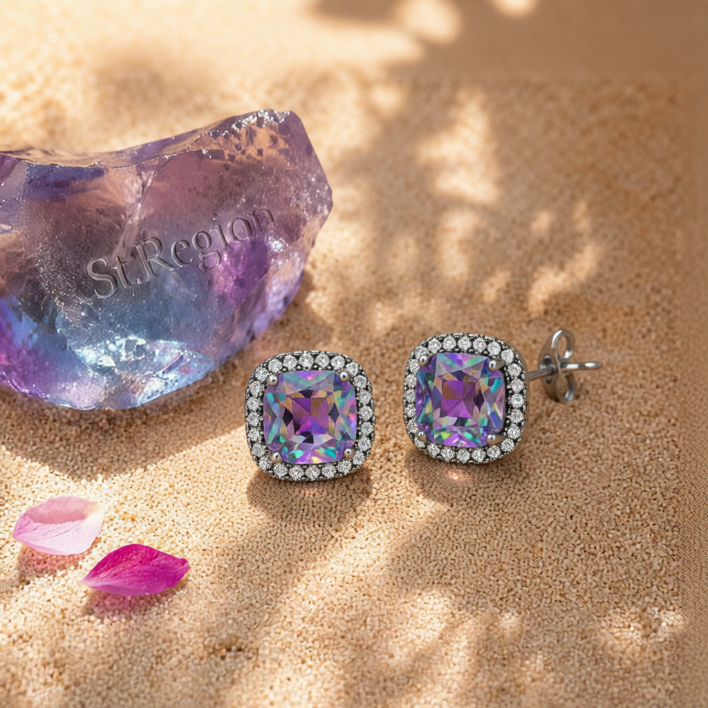 Purple Princess Crystal & Blacktone Halo Stud Earrings