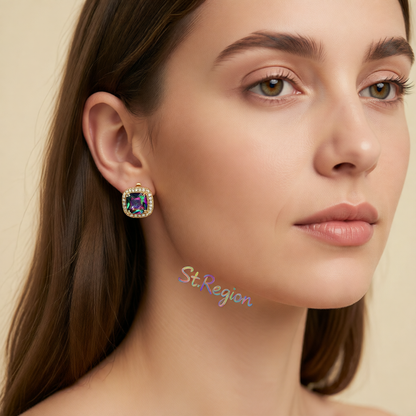 Colored Princess Crystal & Cubic Zirconia Goldtone Halo Stud Earrings