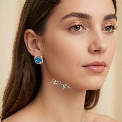 Light Blue Princess Crystal & Cubic Zirconia Rose Goldtone Halo Stud Earrings